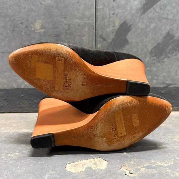 CELINE Archival Black Satin Wooden Wedge Heel Ankle Strap Shoes PHOEBE PHILO ERA - Picture 7 of 12